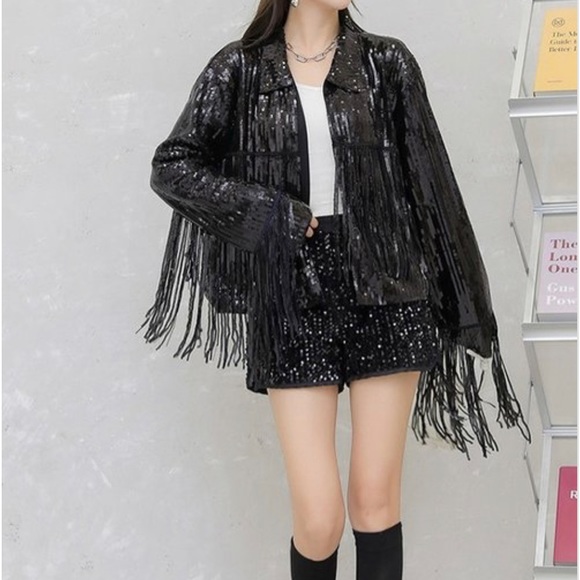 Black sequin fringe zip up jackets - Picture 1 of 4